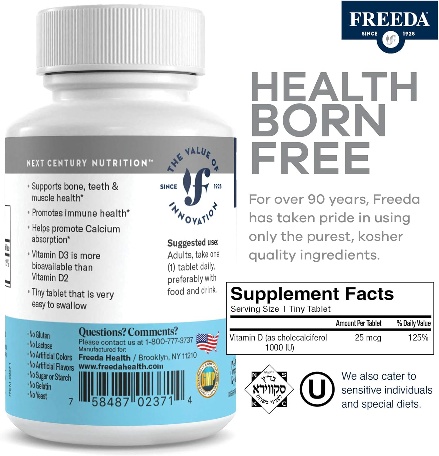 FREEDA Vitamin D3-1000 IU Tablets - High Potency Kosher Supplement for Bone, Muscle Health & Immune Support - 500 Count