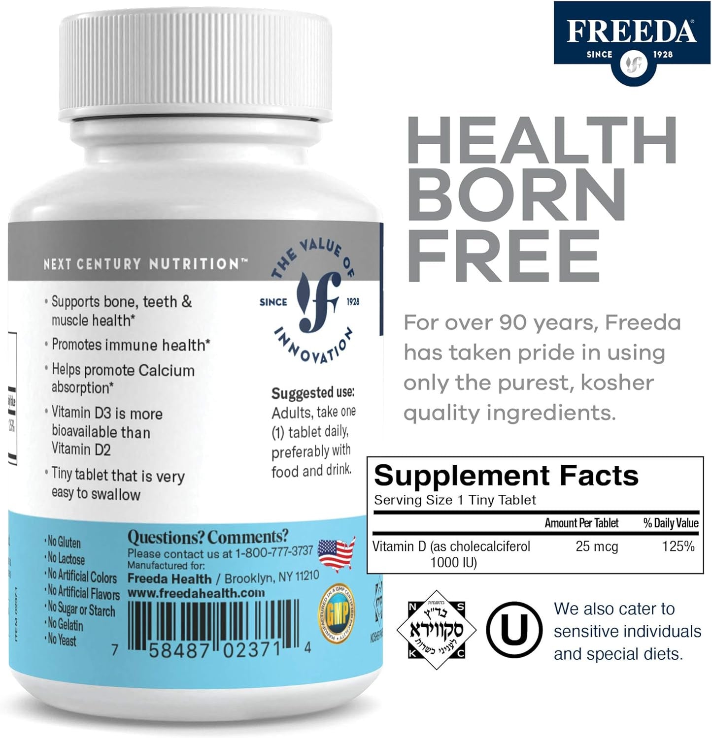 FREEDA Vitamin D3-1000 IU Tablets - High Potency Kosher Supplement for Bone, Muscle Health & Immune Support - 500 Count