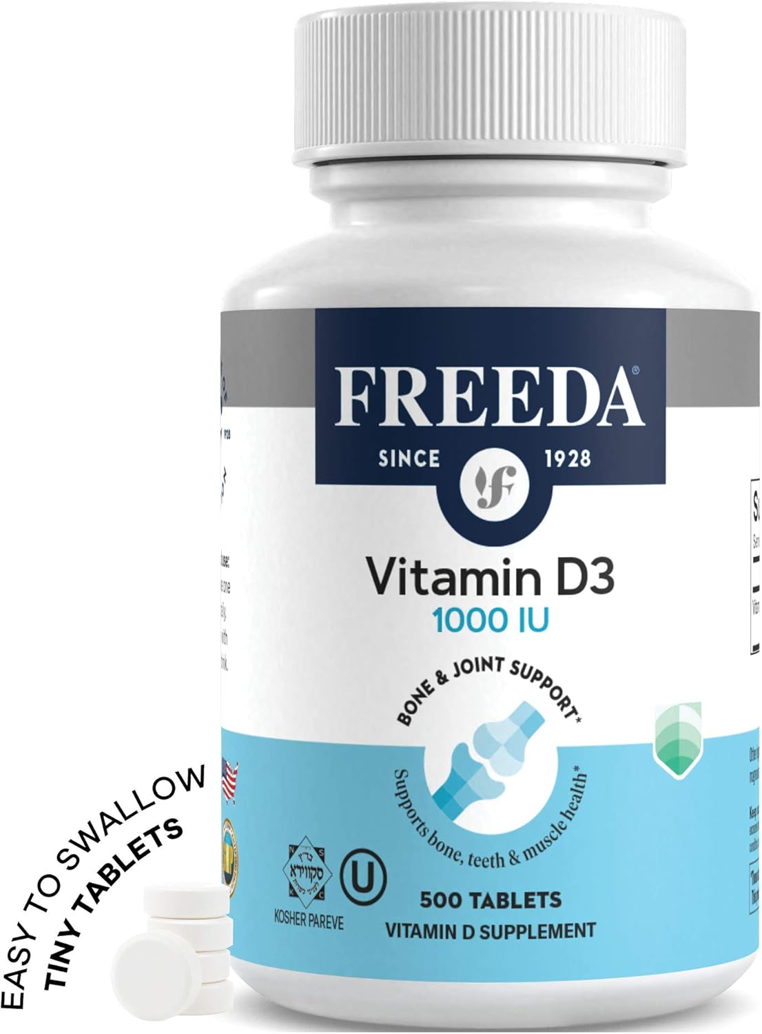 FREEDA Vitamin D3-1000 IU Tablets - High Potency Kosher Supplement for Bone, Muscle Health & Immune Support - 500 Count