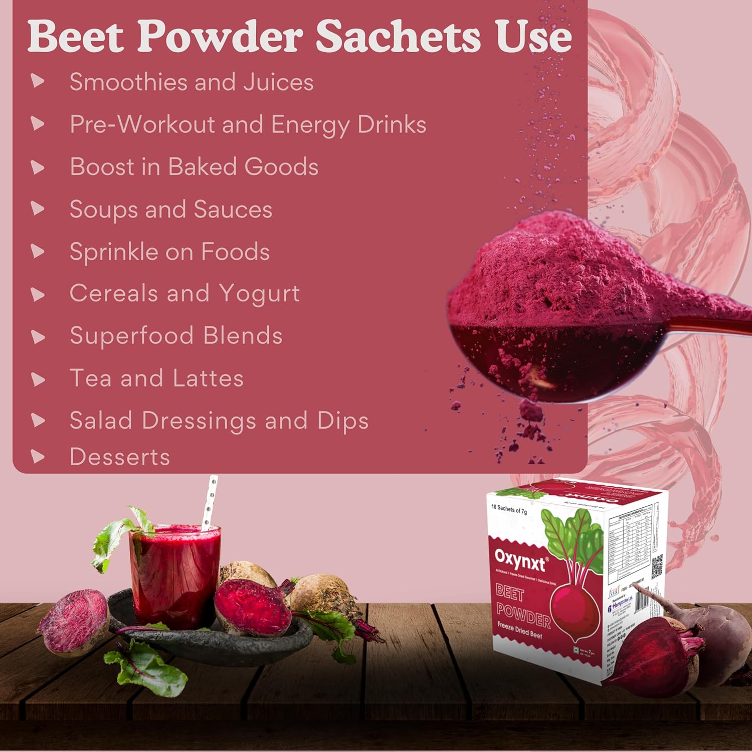Freeze-Dried Beet Powder Sachets (70g) - 10 Single-Serve Packs | Natural Energy Boost for Smoothies | Non-GMO, Vegan, Gluten-Free Superfood