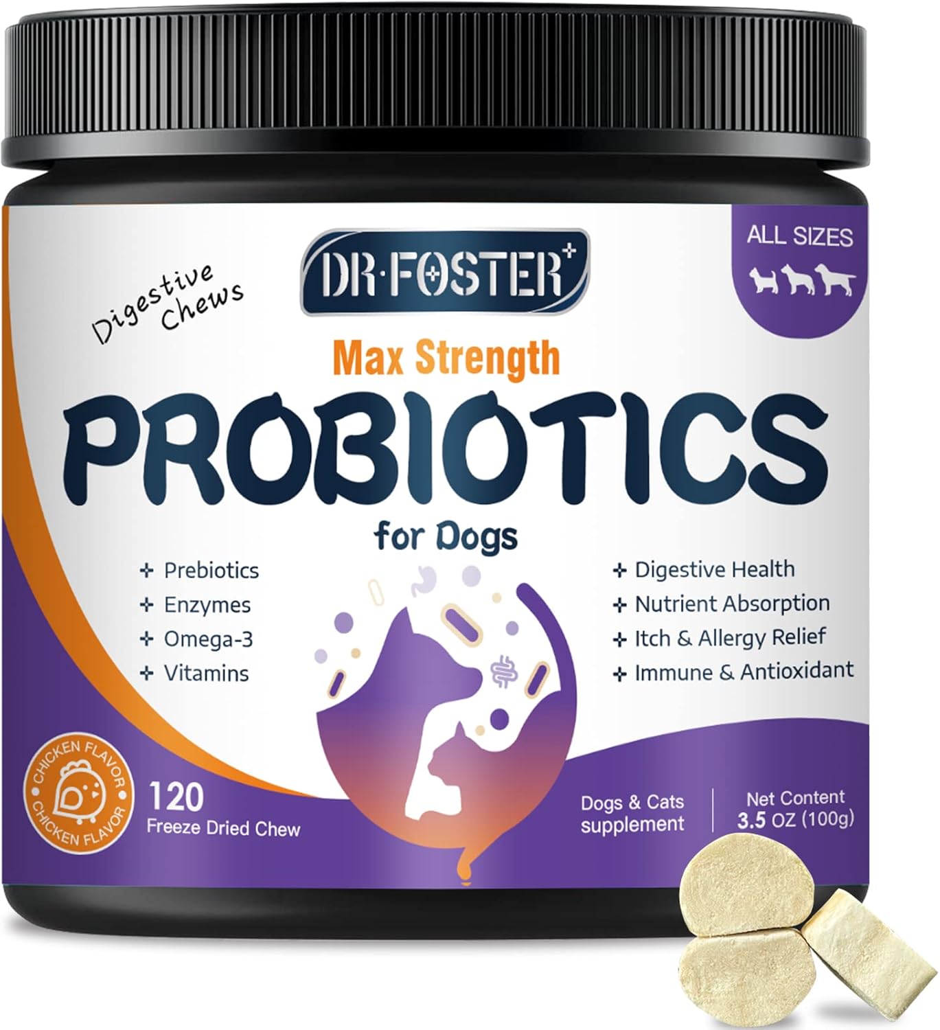Freeze-Dried Dog Probiotics with Omega-3 for Itchy Skin, 3-in-1 Digestive Health Bites