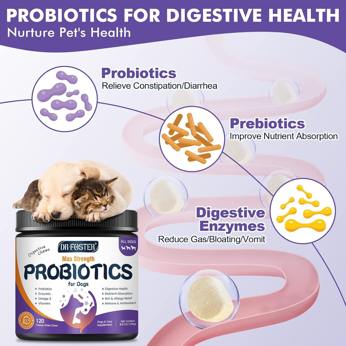 Freeze-Dried Dog Probiotics with Omega-3 for Itchy Skin, 3-in-1 Digestive Health Bites