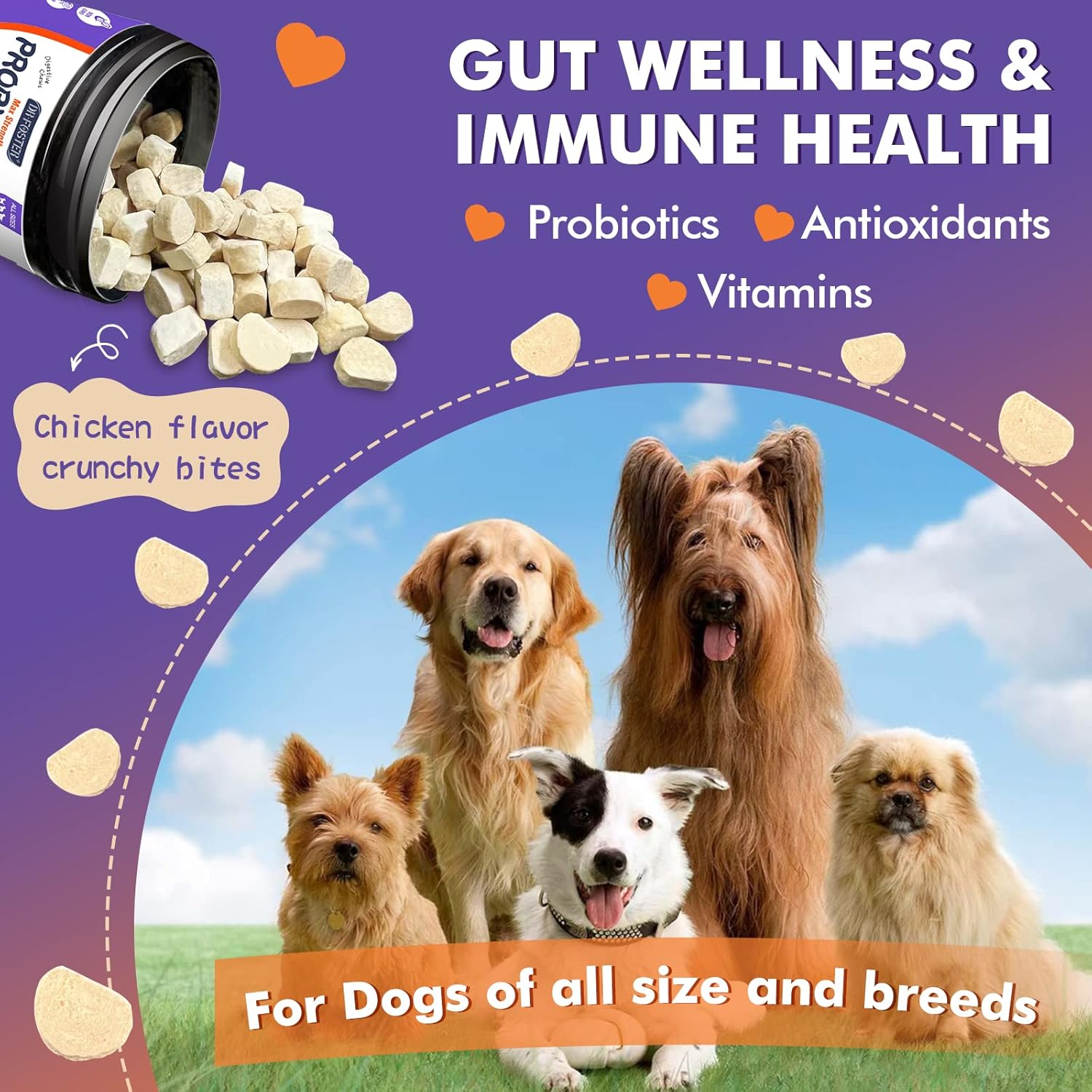 Freeze-Dried Dog Probiotics with Omega-3 for Itchy Skin, 3-in-1 Digestive Health Bites