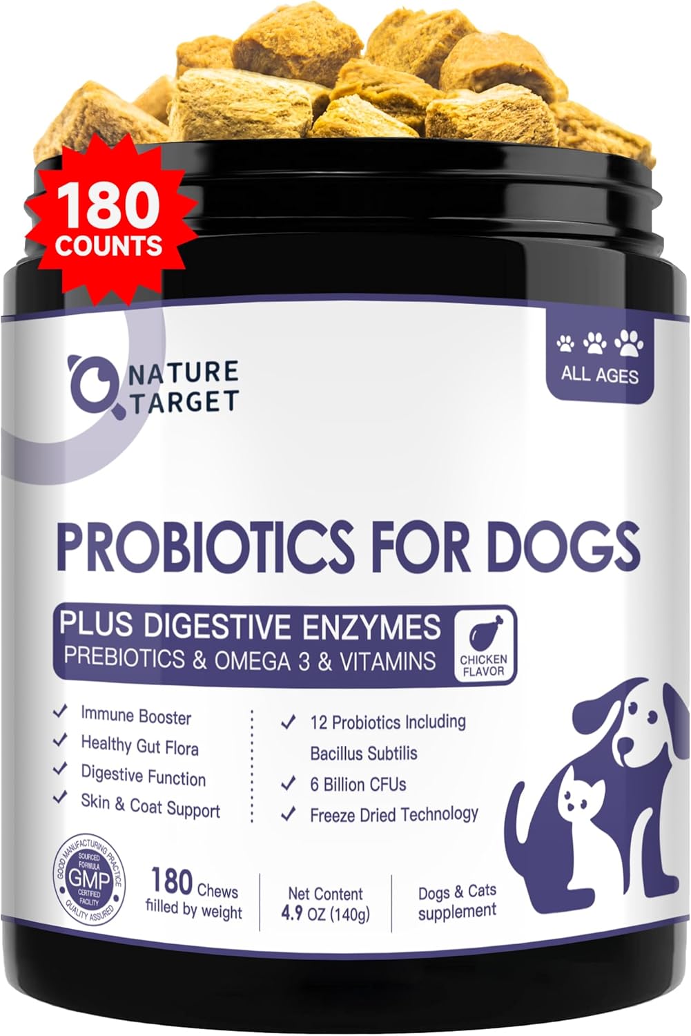 Freeze Dried Dog Probiotics with Prebiotics & Enzymes - 6 Billion CFUs for Diarrhea & Gas Relief, Skin & Immune Health - 180 Count