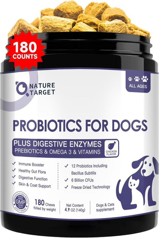 Freeze Dried Dog Probiotics with Prebiotics & Enzymes - 6 Billion CFUs for Diarrhea & Gas Relief, Skin & Immune Health - 180 Count