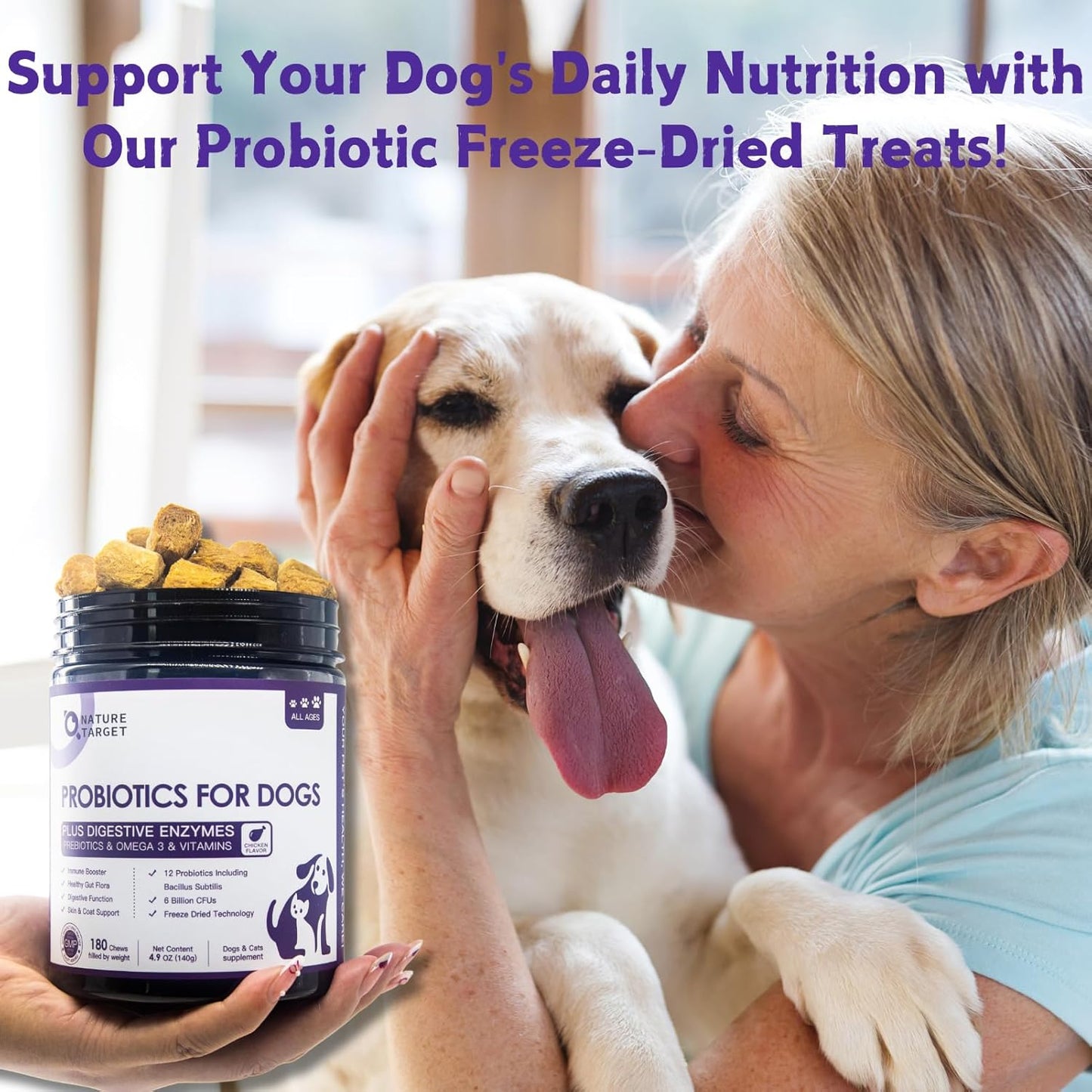 Freeze Dried Dog Probiotics with Prebiotics & Enzymes - 6 Billion CFUs for Diarrhea & Gas Relief, Skin & Immune Health - 180 Count