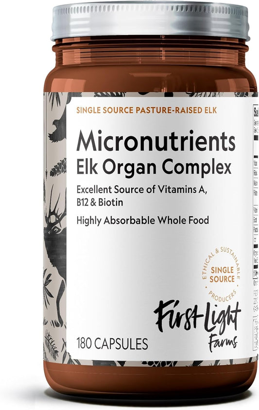 Freeze-Dried Elk Organ Meat Supplements | Whole Food Nutrition with Liver, Heart, Kidney & Spleen | 3000mg Per Serving, 180 Capsules | 100% Grass-Fed, Certified Humane by First Light Farms