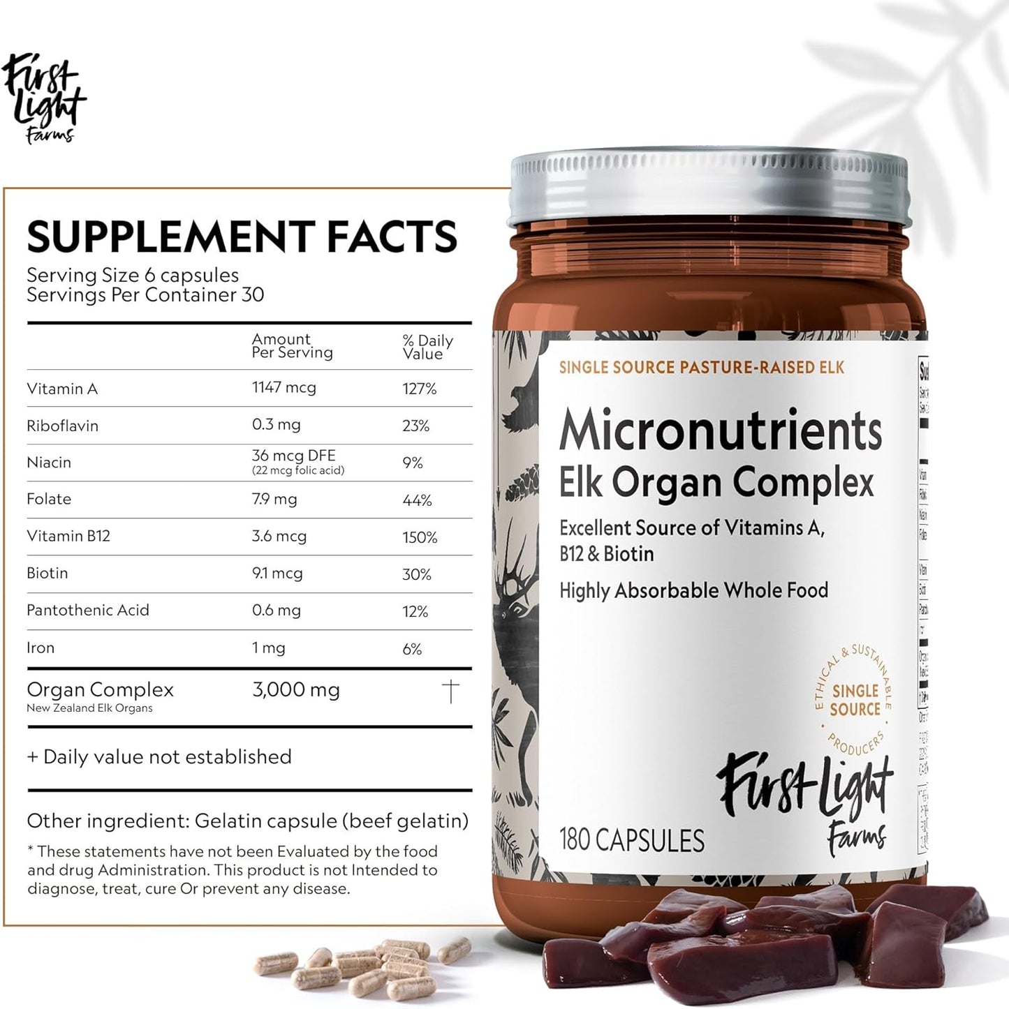 Freeze-Dried Elk Organ Meat Supplements | Whole Food Nutrition with Liver, Heart, Kidney & Spleen | 3000mg Per Serving, 180 Capsules | 100% Grass-Fed, Certified Humane by First Light Farms