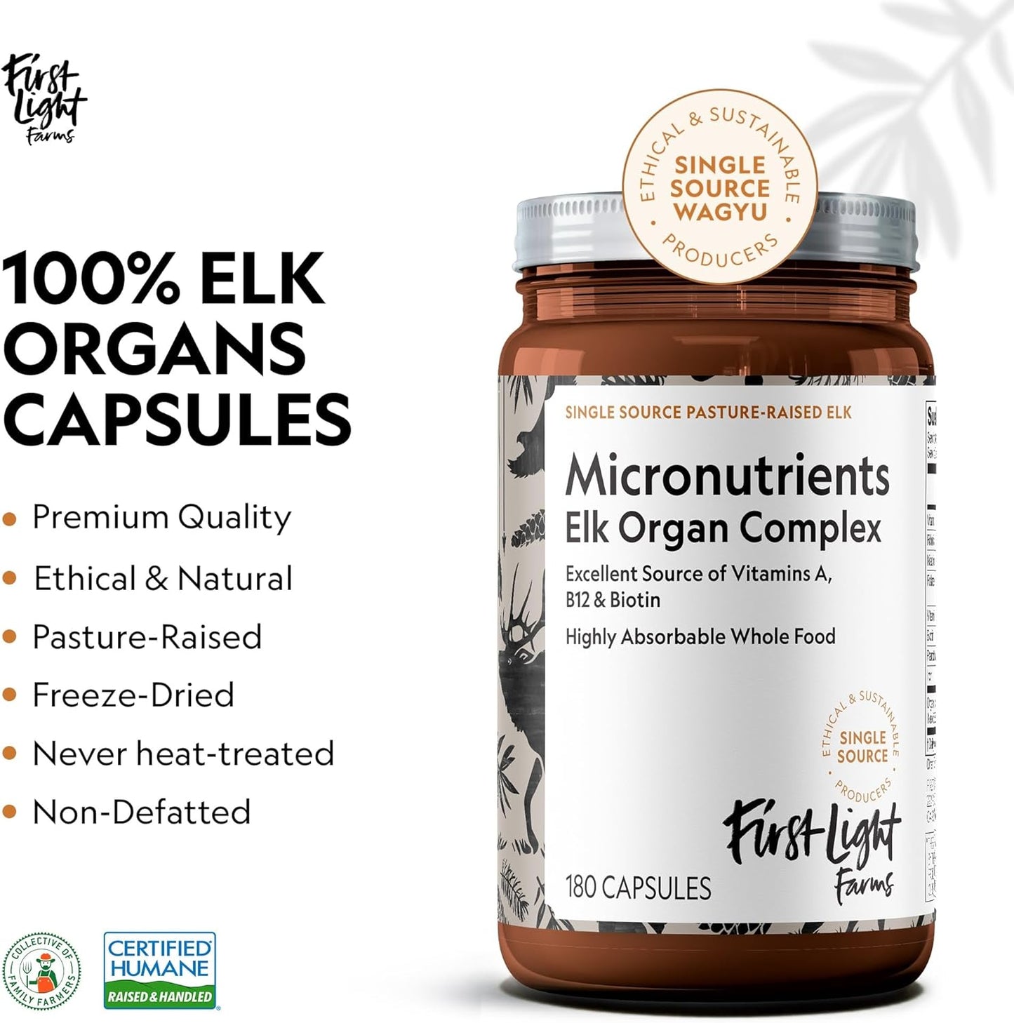 Freeze-Dried Elk Organ Meat Supplements | Whole Food Nutrition with Liver, Heart, Kidney & Spleen | 3000mg Per Serving, 180 Capsules | 100% Grass-Fed, Certified Humane by First Light Farms
