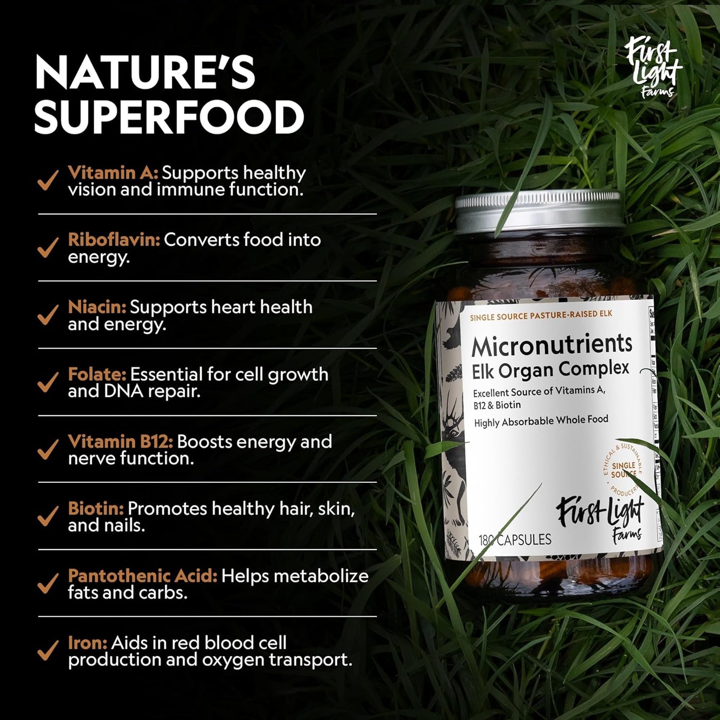 Freeze-Dried Elk Organ Meat Supplements | Whole Food Nutrition with Liver, Heart, Kidney & Spleen | 3000mg Per Serving, 180 Capsules | 100% Grass-Fed, Certified Humane by First Light Farms