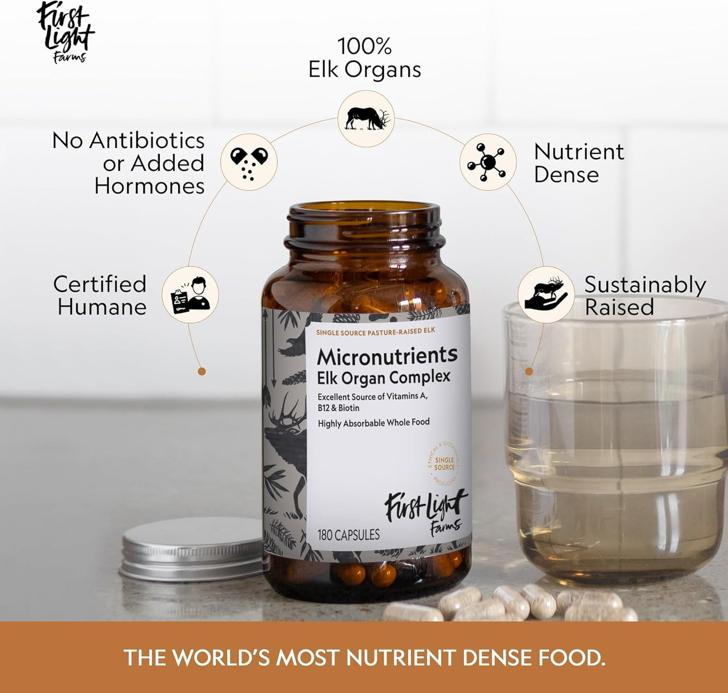 Freeze-Dried Elk Organ Meat Supplements | Whole Food Nutrition with Liver, Heart, Kidney & Spleen | 3000mg Per Serving, 180 Capsules | 100% Grass-Fed, Certified Humane by First Light Farms