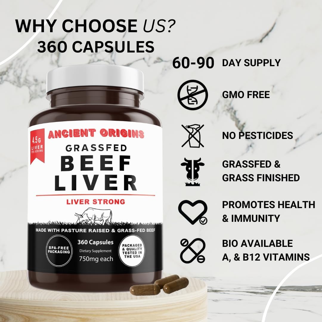 Freeze Dried Grass Fed Beef Liver Capsules for Energy, Cleansing, Digestion, Immunity - 360 Capsules