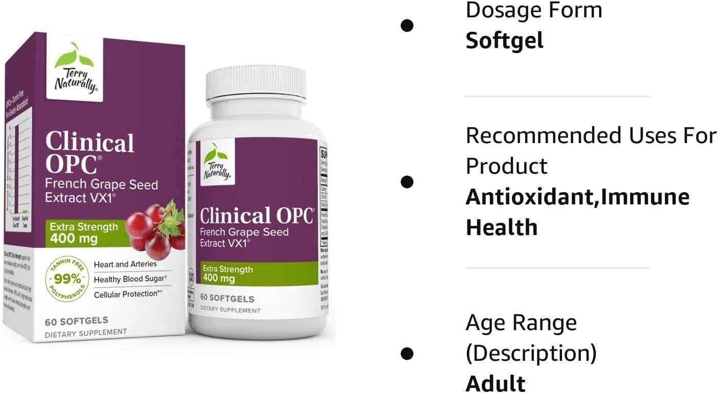 French Grape Seed Extract Supplement - Terry Naturally OPC Extra Strength Softgels - Non-GMO, Gluten Free - 60 Servings