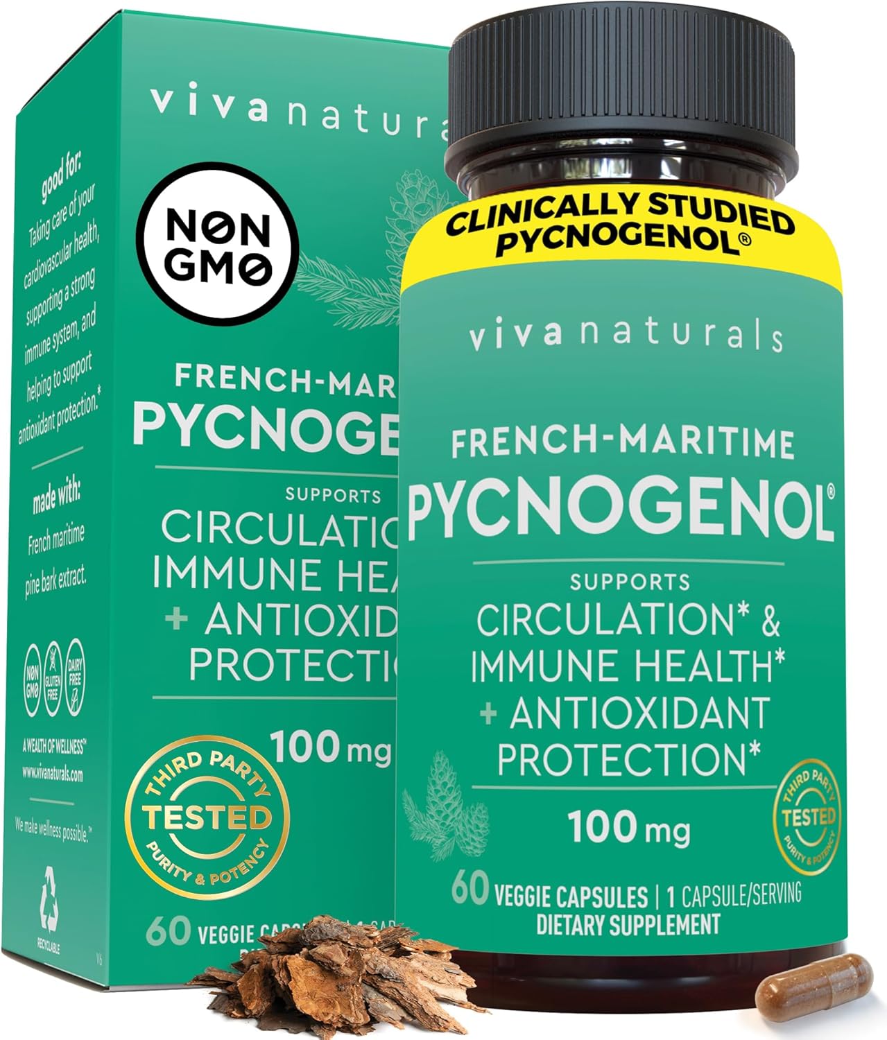 French Maritime Pine Bark Extract Capsules - 100mg Pycnogenol Supplements for Blood Circulation, Antioxidant & Joint Support - 60 Capsules