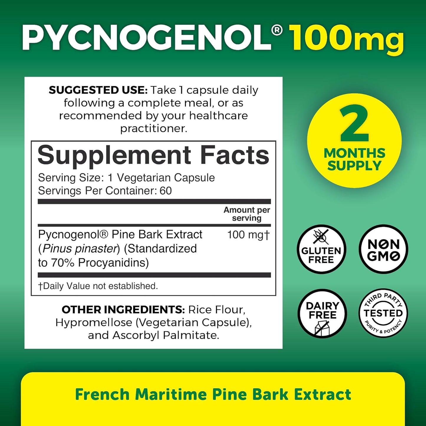 French Maritime Pine Bark Extract Capsules - 100mg Pycnogenol Supplements for Blood Circulation, Antioxidant & Joint Support - 60 Capsules