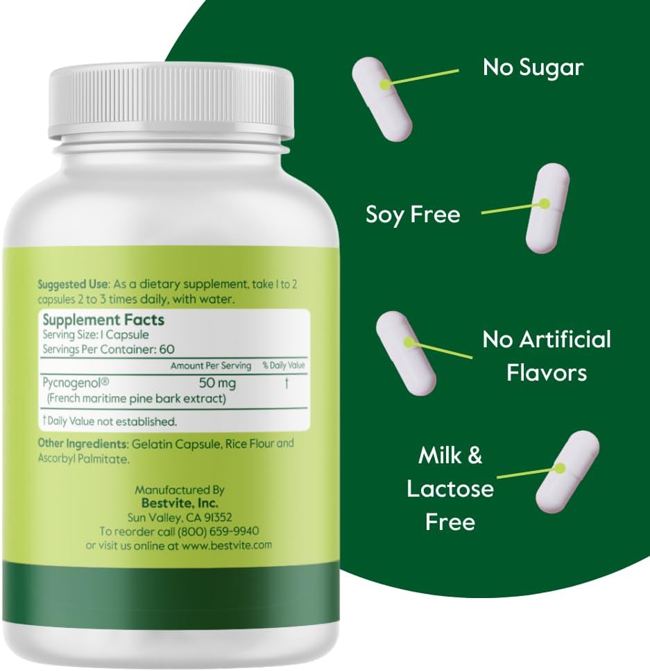 French Maritime Pine Bark Extract Capsules 50mg - 120 Count (60x2) - High Quality Pycnogenol Supplement - No Stearates - Gluten Free - Non GMO