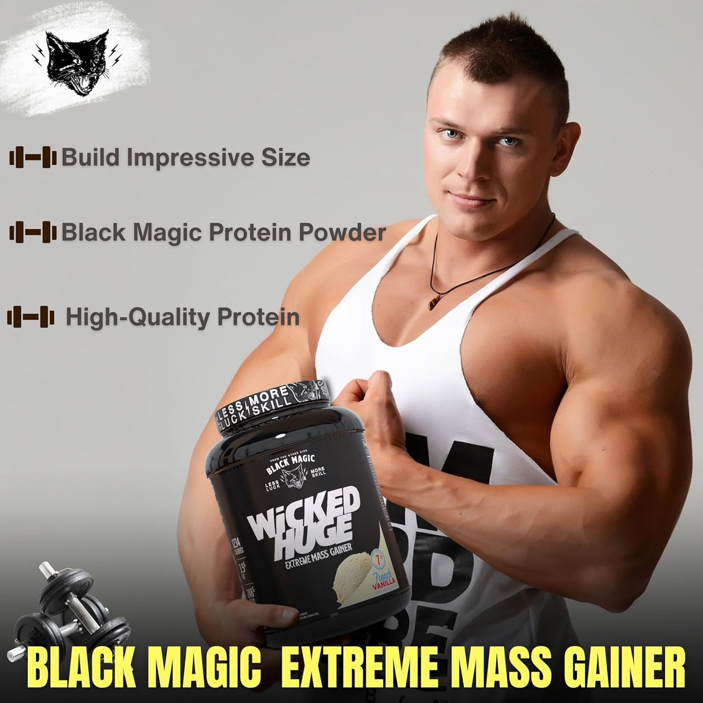 French Vanilla Mass Gainer Protein Powder Bundle for Muscle Support - 7.24 LBS Supplement with Keychain, Compatible with Black Magic Wicked Huge