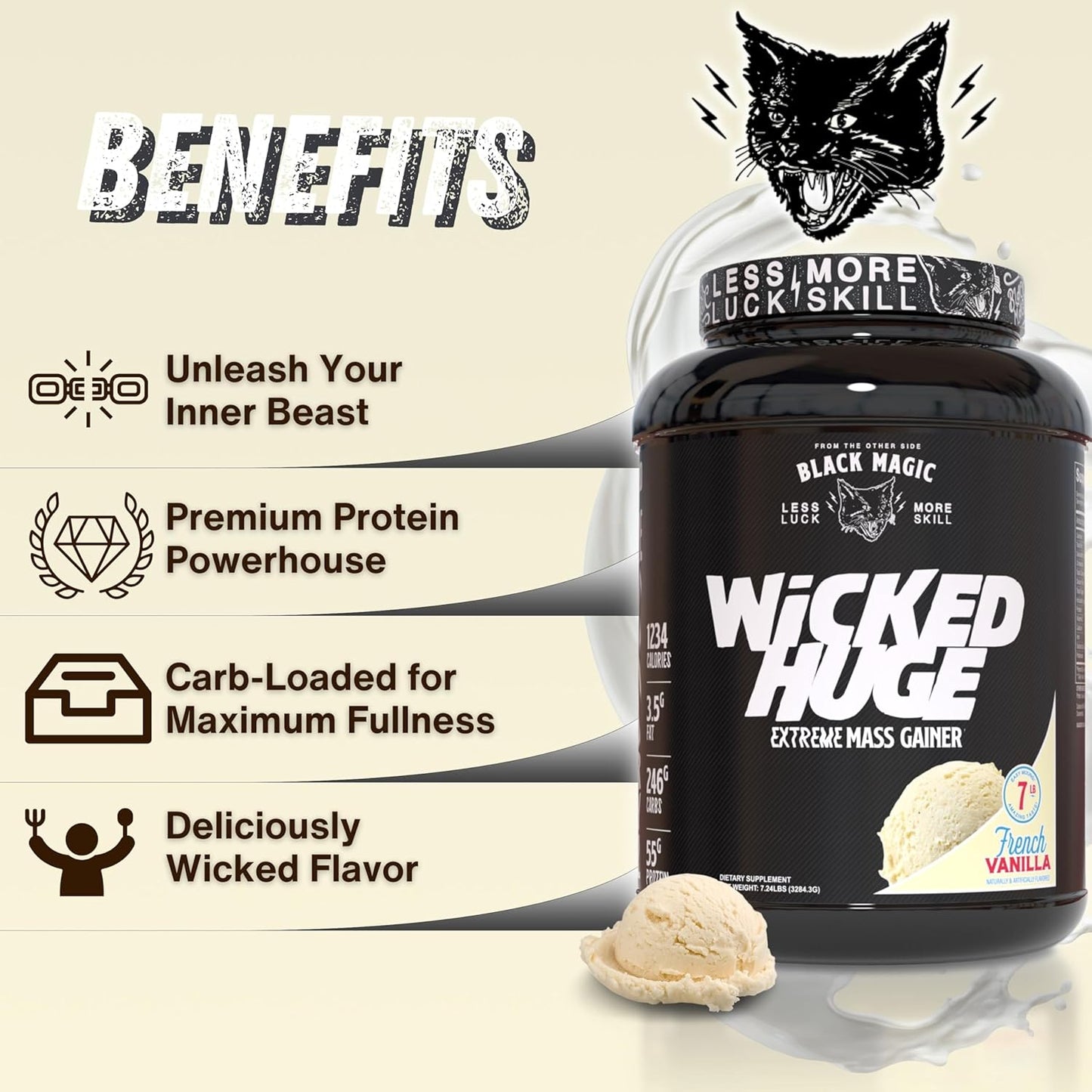 French Vanilla Mass Gainer Protein Powder Bundle for Muscle Support - 7.24 LBS Supplement with Keychain, Compatible with Black Magic Wicked Huge