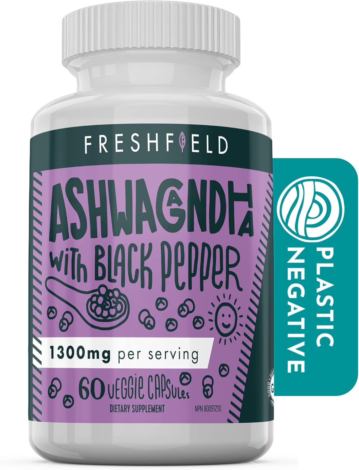 Freshfield Naturals Ashwagandha with Black Pepper Capsules - Vegan Supplement for Adrenal Fatigue, Muscle Memory, Thyroid Support - 1300mg All Natural Strength Booster