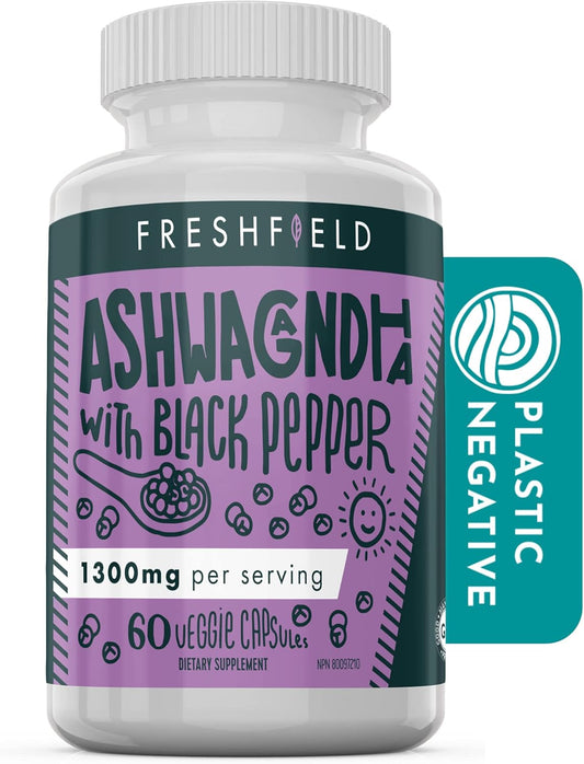 Freshfield Naturals Ashwagandha with Black Pepper Capsules - Vegan Supplement for Adrenal Fatigue, Muscle Memory, Thyroid Support - 1300mg All Natural Strength Booster