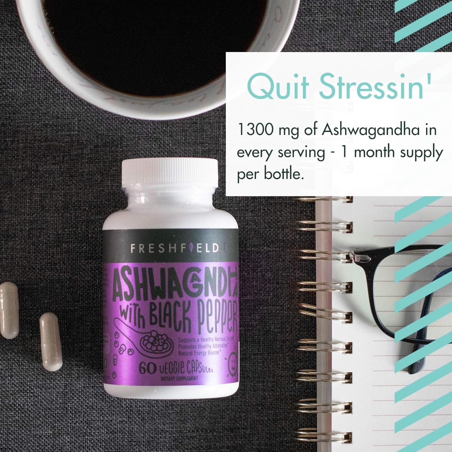 Freshfield Naturals Ashwagandha with Black Pepper Capsules - Vegan Supplement for Adrenal Fatigue, Muscle Memory, Thyroid Support - 1300mg All Natural Strength Booster