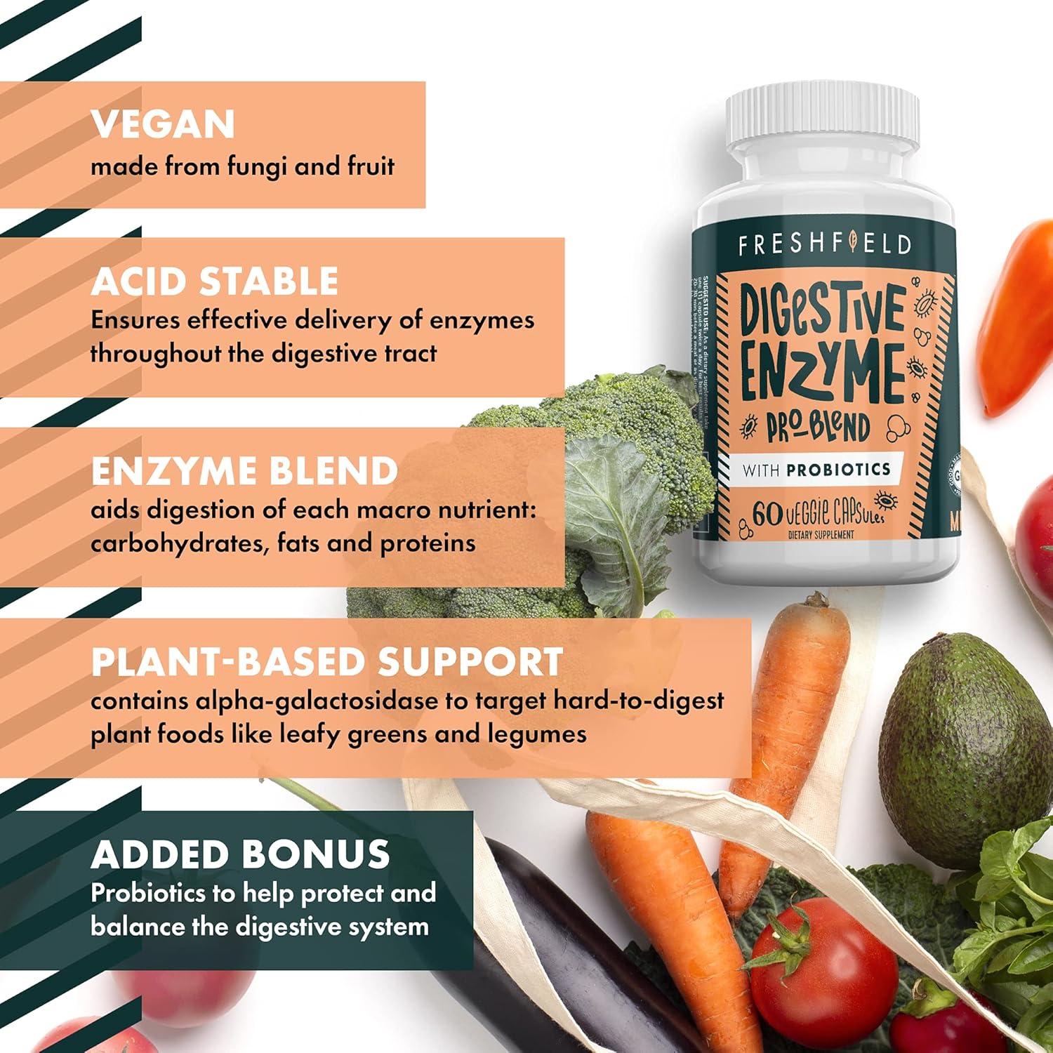 Freshfield Naturals Digestive Enzyme Pro-Blend with Probiotics - Vegan Friendly - Supports Digestive Health - 60 Veggie Capsules