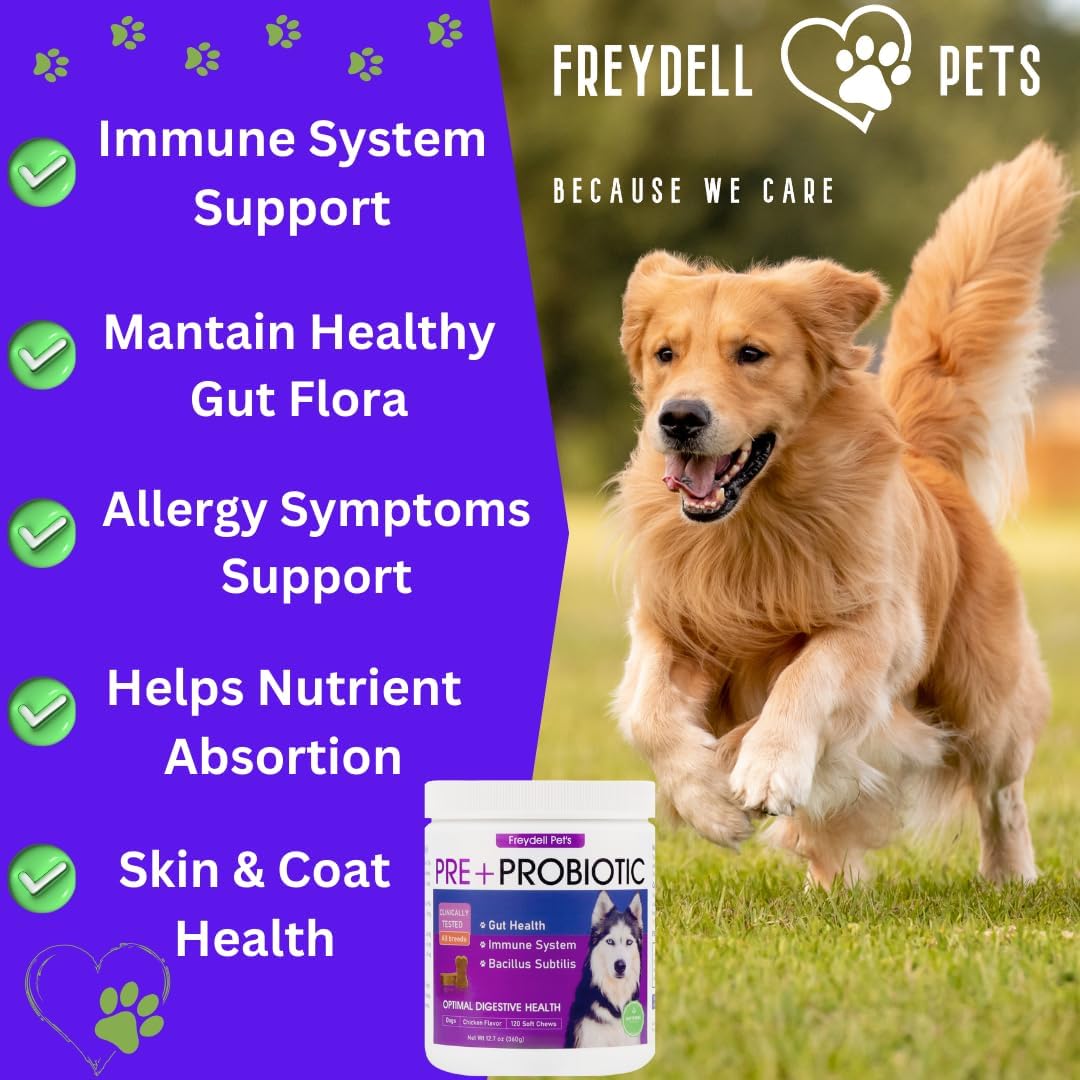 Freydell Pets Probiotics for Dogs - Relief for Upset Stomach, Diarrhea, and Yeast Infections - Fiber Supplement for Dogs of All Ages