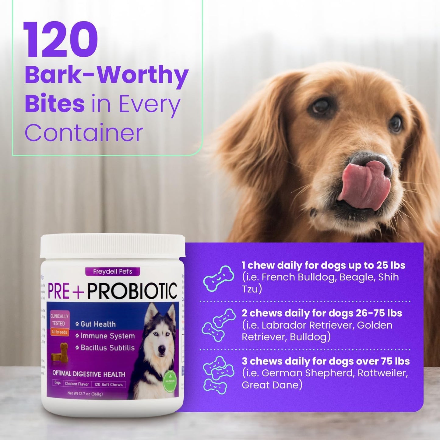 Freydell Pets Probiotics for Dogs - Relief for Upset Stomach, Diarrhea, and Yeast Infections - Fiber Supplement for Dogs of All Ages