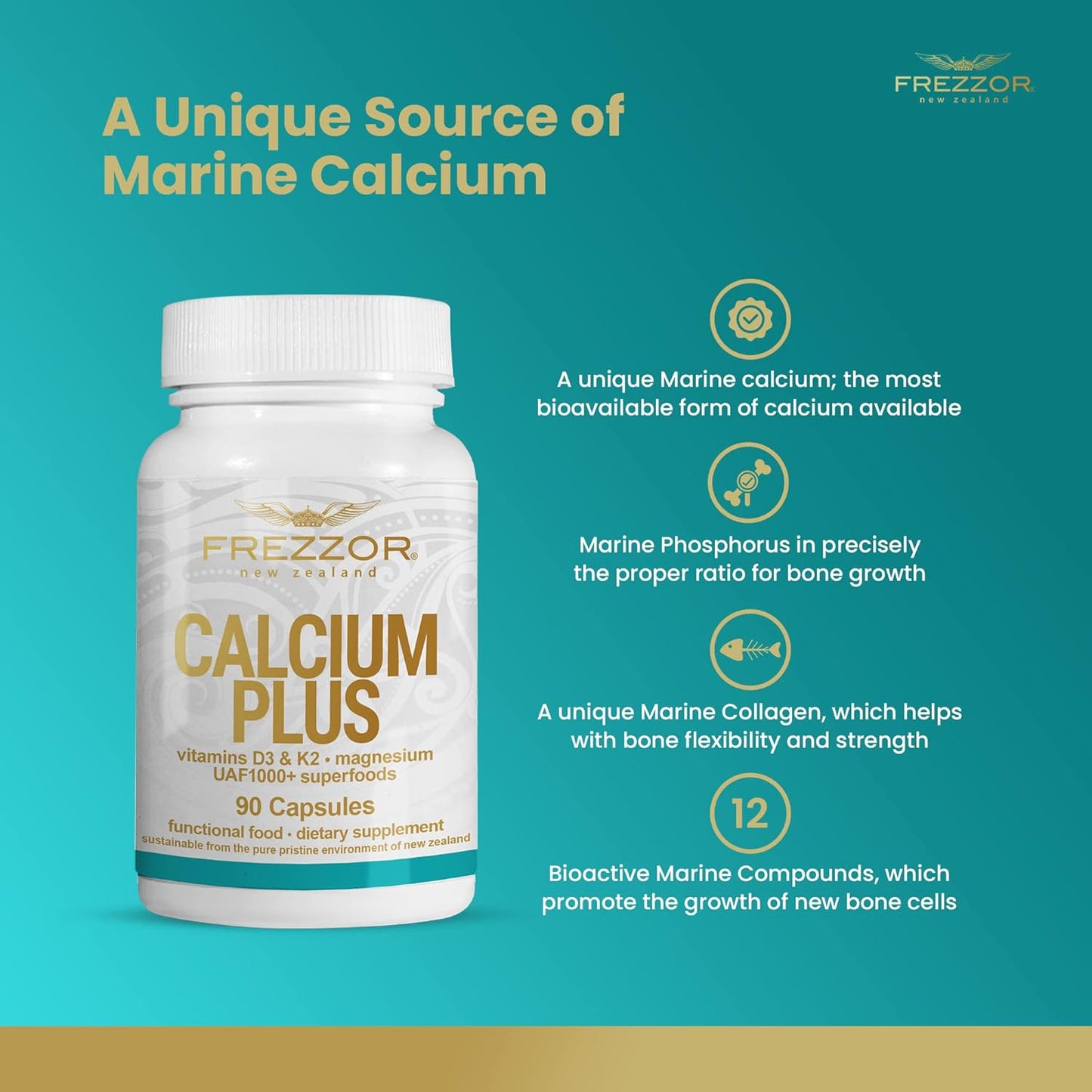 FREZZOR Calcium Plus with UAF1000+ Super Antioxidant - Supports Bone Health & Density, Healthy Weight - Essential Minerals, 180 caps, 2 Month Supply