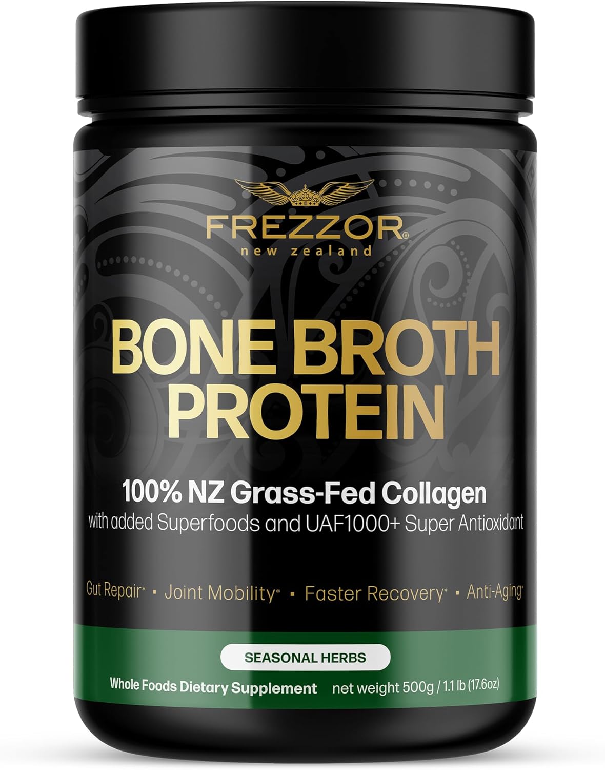 FREZZOR Grass-Fed Bone Broth Protein with UAF1000+ Peptides, Anti-Aging, Digestive Support, Seasonal Herbs, 500g Jar