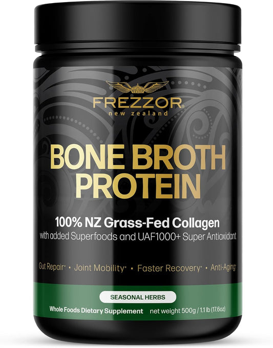 FREZZOR Grass-Fed Bone Broth Protein with UAF1000+ Peptides, Anti-Aging, Digestive Support, Seasonal Herbs, 500g Jar