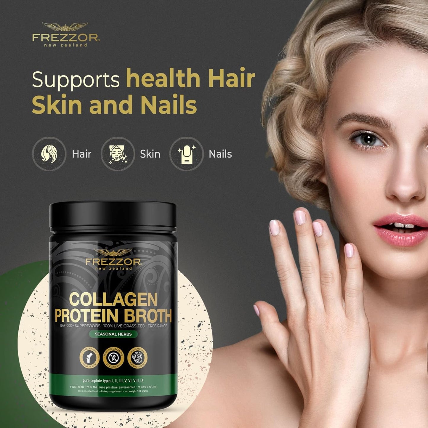 FREZZOR Grass-Fed Bone Broth Protein with UAF1000+ Peptides, Anti-Aging, Digestive Support, Seasonal Herbs, 500g Jar