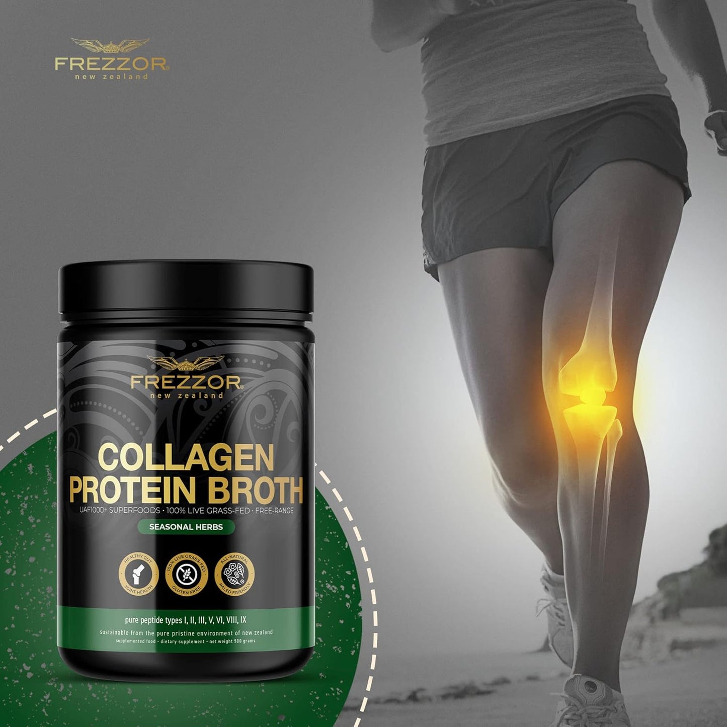 FREZZOR Grass-Fed Bone Broth Protein with UAF1000+ Peptides, Anti-Aging, Digestive Support, Seasonal Herbs, 500g Jar