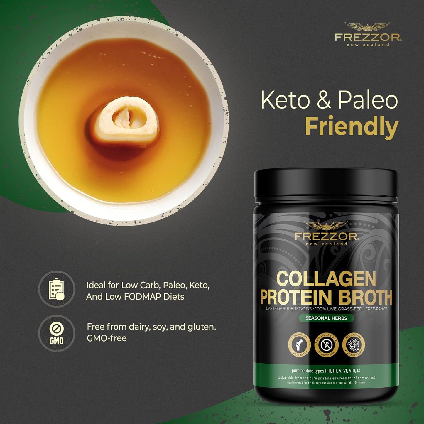 FREZZOR Grass-Fed Bone Broth Protein with UAF1000+ Peptides, Anti-Aging, Digestive Support, Seasonal Herbs, 500g Jar