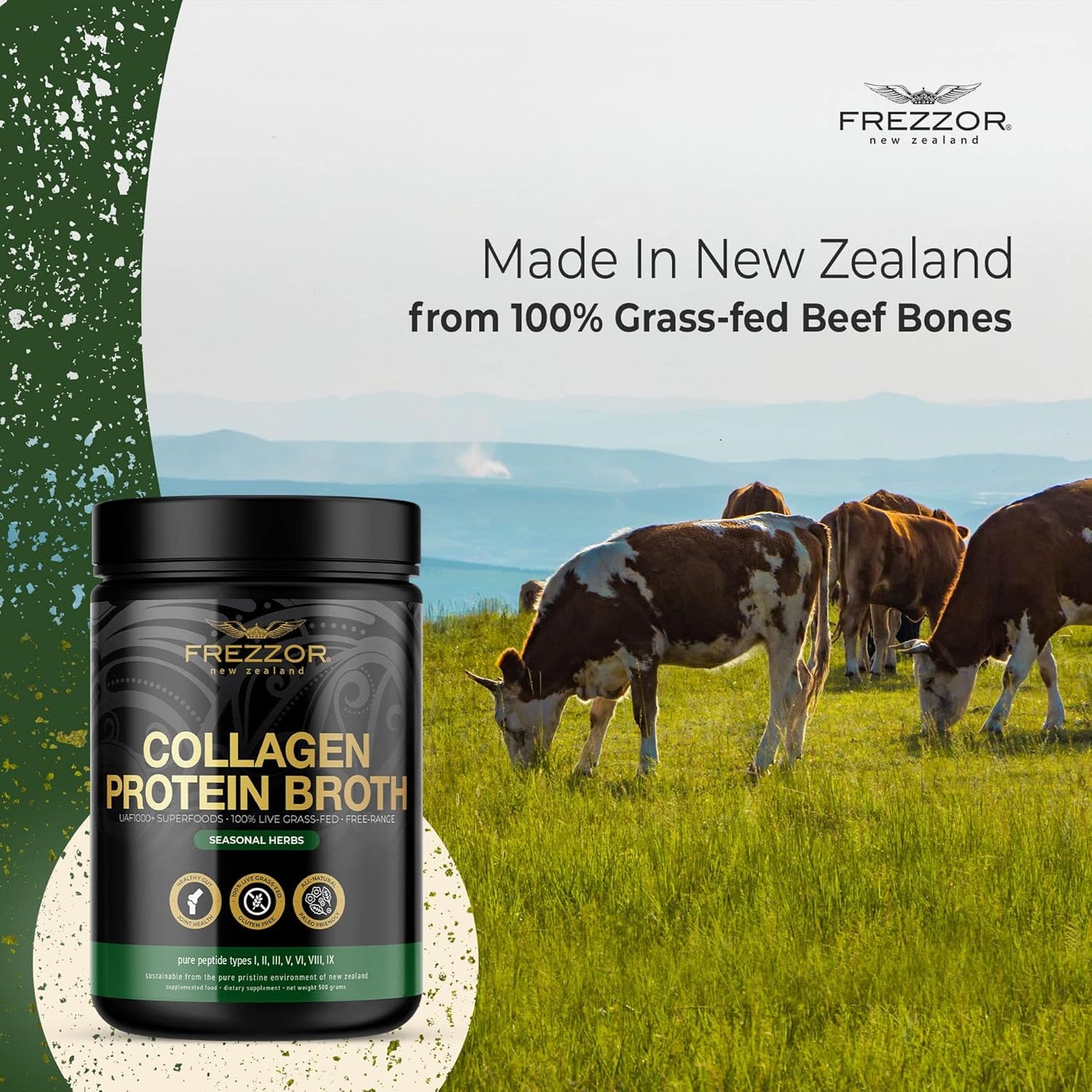 FREZZOR Grass-Fed Bone Broth Protein with UAF1000+ Peptides, Anti-Aging, Digestive Support, Seasonal Herbs, 500g Jar