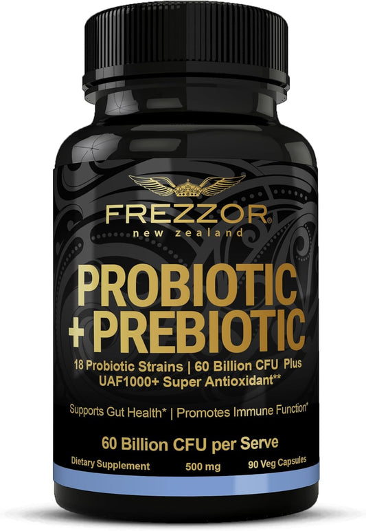 FREZZOR Probiotic + Prebiotic Capsules - 60 Billion CFUs, 18 Strains, Digestive Health - 90 caps, 1 Month Supply