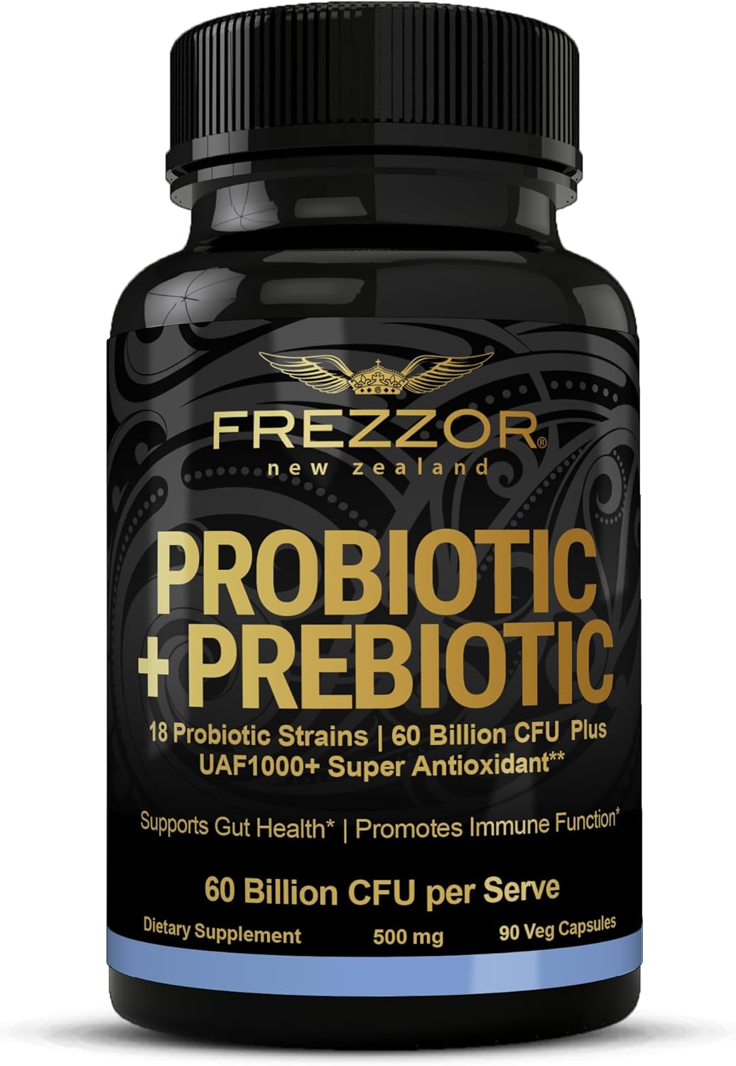 FREZZOR Probiotic + Prebiotic Capsules - 60 Billion CFUs, 18 Strains, Digestive Health - 90 caps, 1 Month Supply