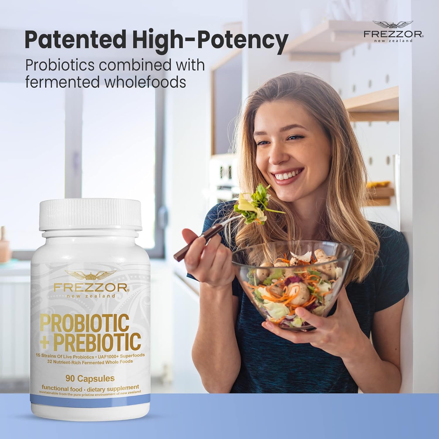 FREZZOR Probiotic + Prebiotic Capsules - 60 Billion CFUs, 18 Strains, Digestive Health - 90 caps, 1 Month Supply