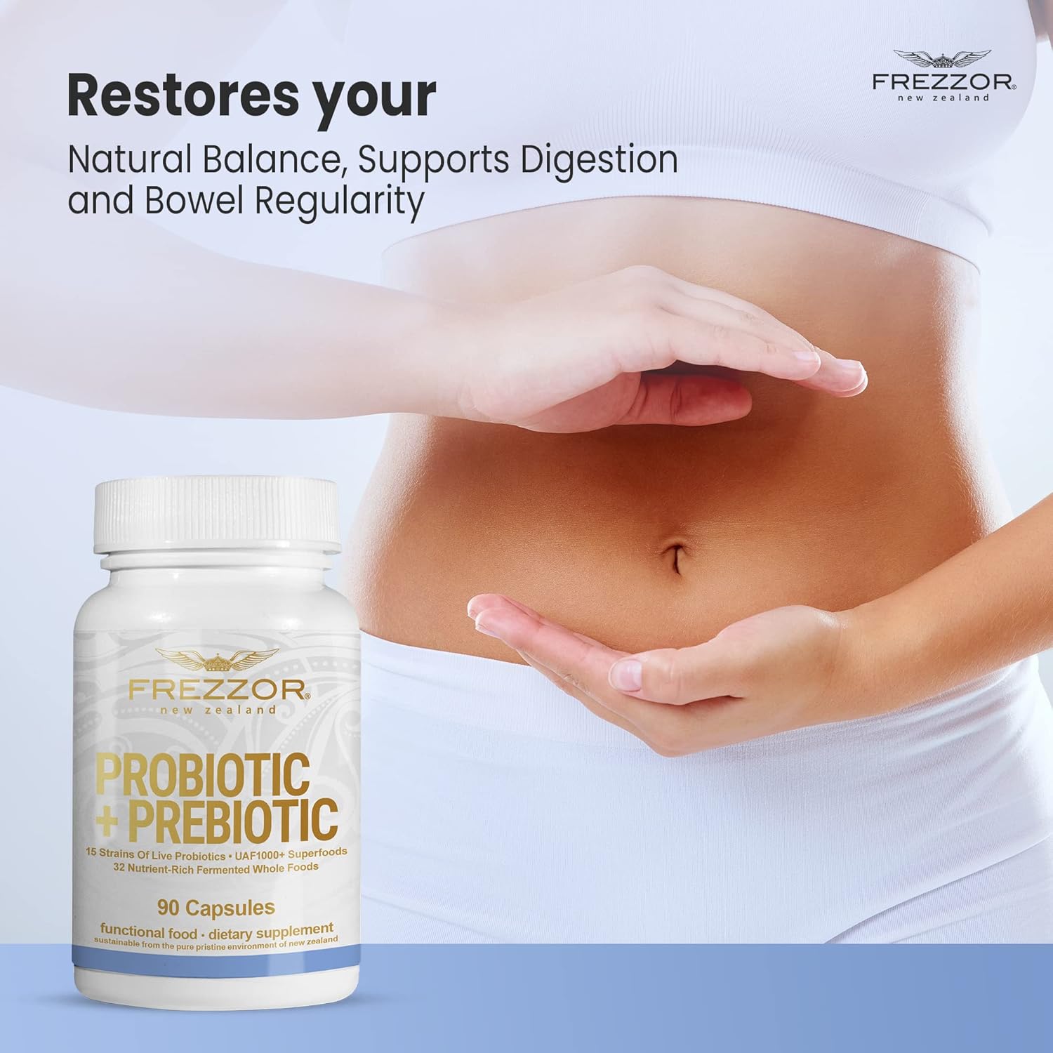 FREZZOR Probiotic + Prebiotic Capsules - 60 Billion CFUs, 18 Strains, Digestive Health - 90 caps, 1 Month Supply