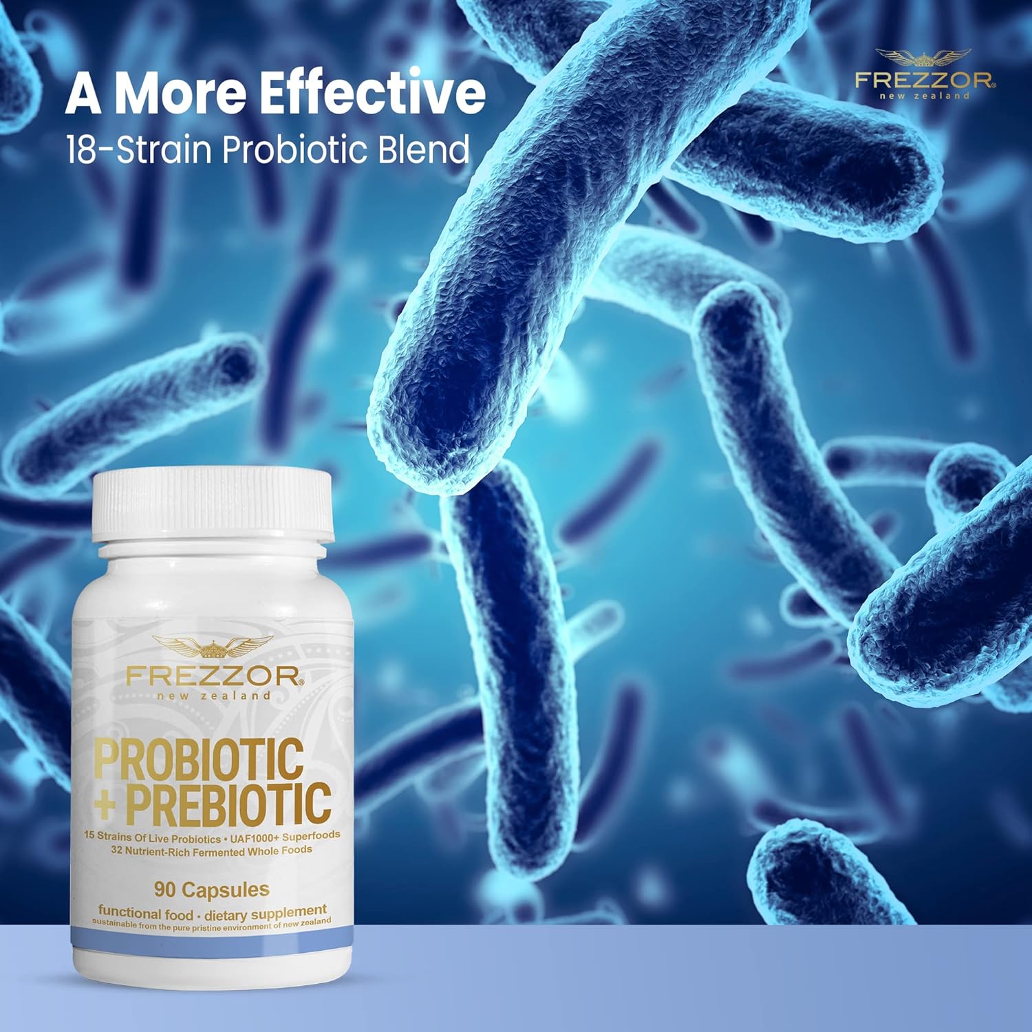 FREZZOR Probiotic + Prebiotic Capsules - 60 Billion CFUs, 18 Strains, Digestive Health - 90 caps, 1 Month Supply