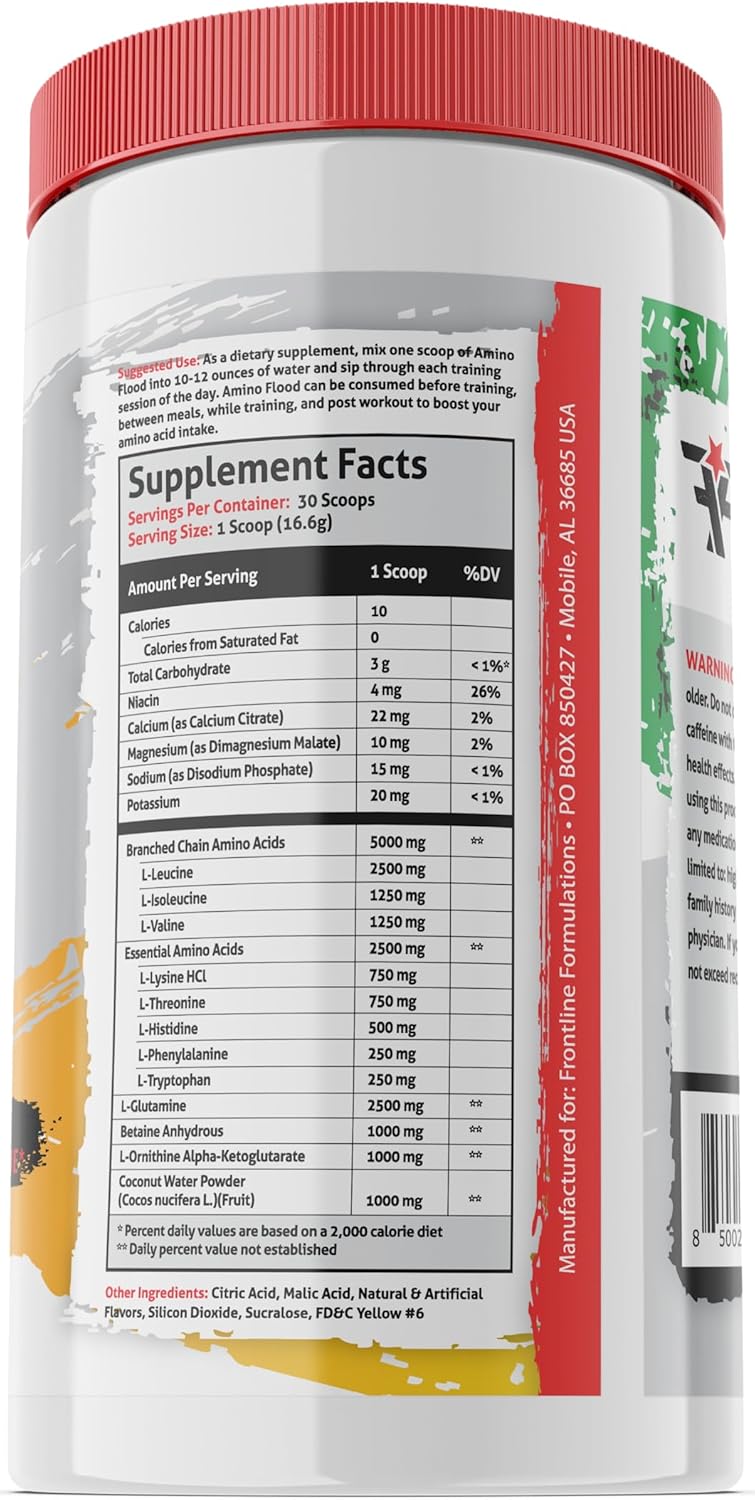 Frontline Formulations Amino Flood: BCAAs and Essential Amino Acids for Muscle Building, Peach Mango Flavor, 30 Servings