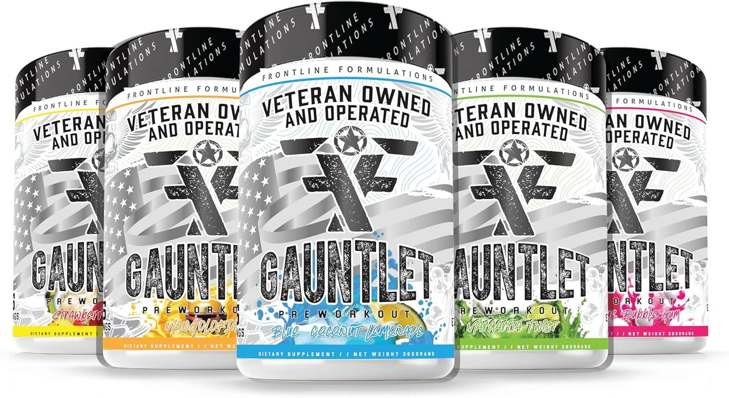 Frontline Formulations Gauntlet Pre-Workout Powder - Explosive Workouts, Laser Focus, Mid Stim, Blue Coconut Lemonade Flavor - 25 Servings
