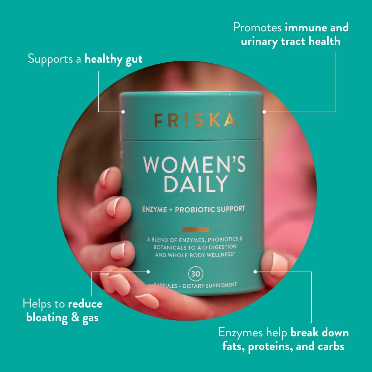 FR!SKA FRISKA Women’s Daily Digestive Enzyme & Probiotics Supplement - Natural Support for Female Digestion, Reduces Bloating, 30 Capsules