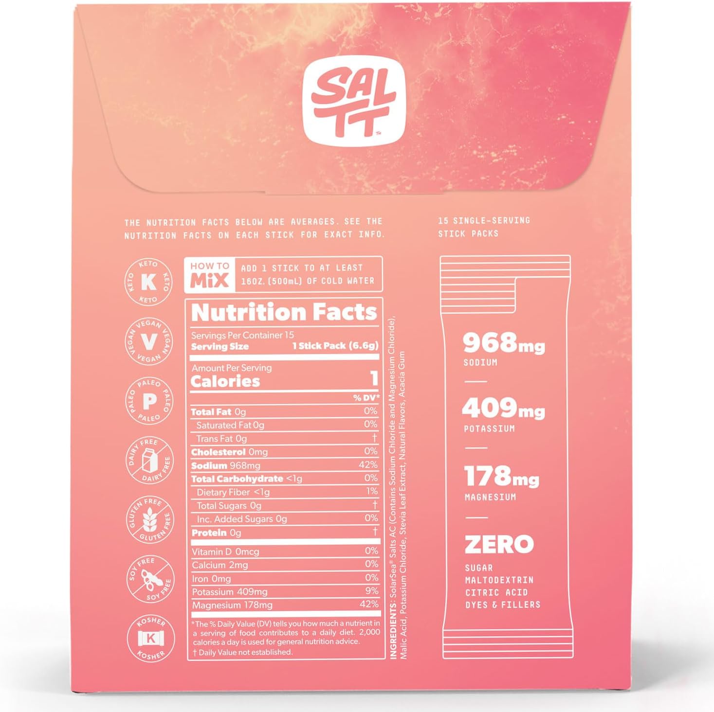Fruit Flavored Keto Chow SALTT Electrolytes Powder Drink Mix - 15 Packets - Zero Sugar & Gluten Free - Magnesium, Potassium, Sodium & Trace Minerals for Hydration