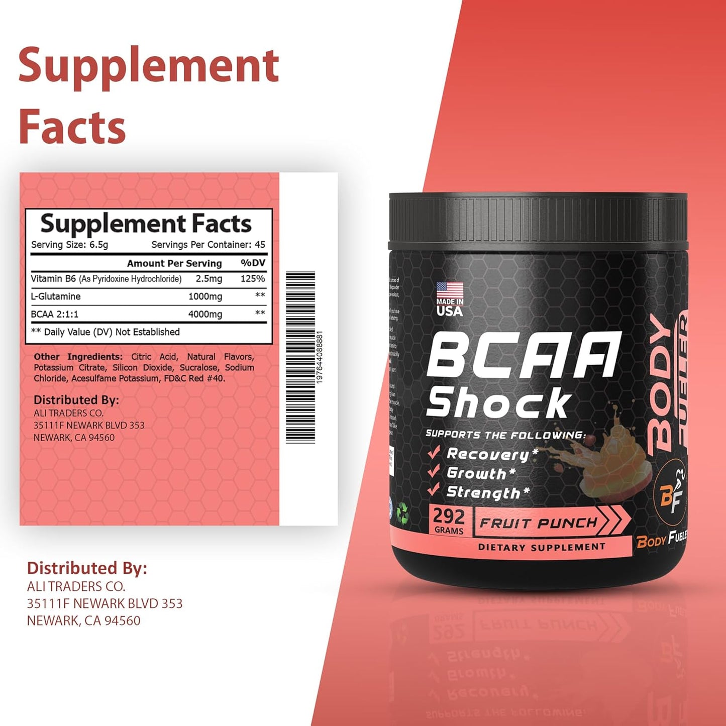Fruit Punch Amino Acid Energy Powder with BCAA for Muscle Recovery & Growth, Intra & Post Workout Drink - 292g USA-Made