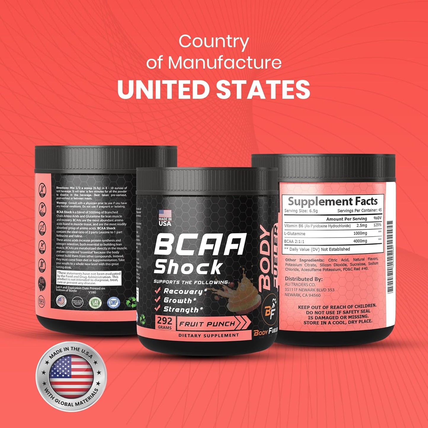 Fruit Punch Amino Acid Energy Powder with BCAA for Muscle Recovery & Growth, Intra & Post Workout Drink - 292g USA-Made