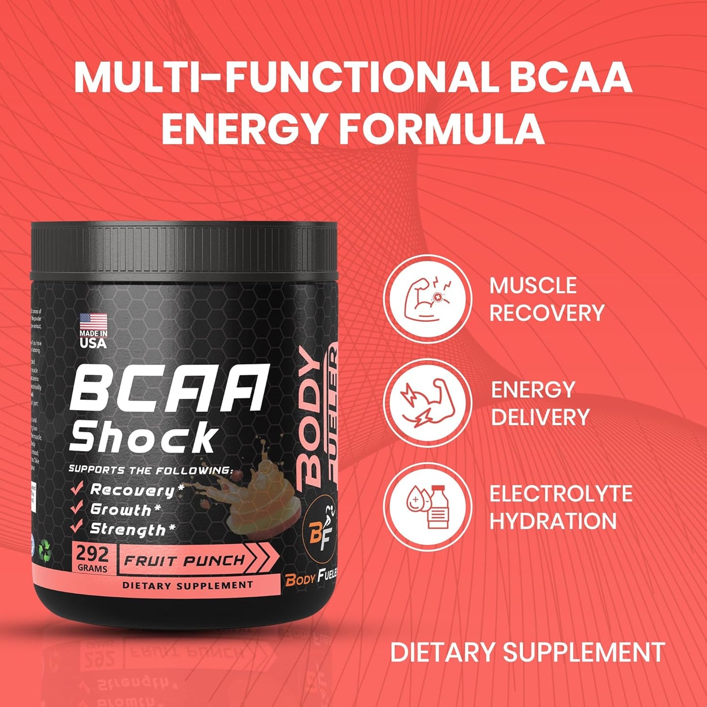 Fruit Punch Amino Acid Energy Powder with BCAA for Muscle Recovery & Growth, Intra & Post Workout Drink - 292g USA-Made