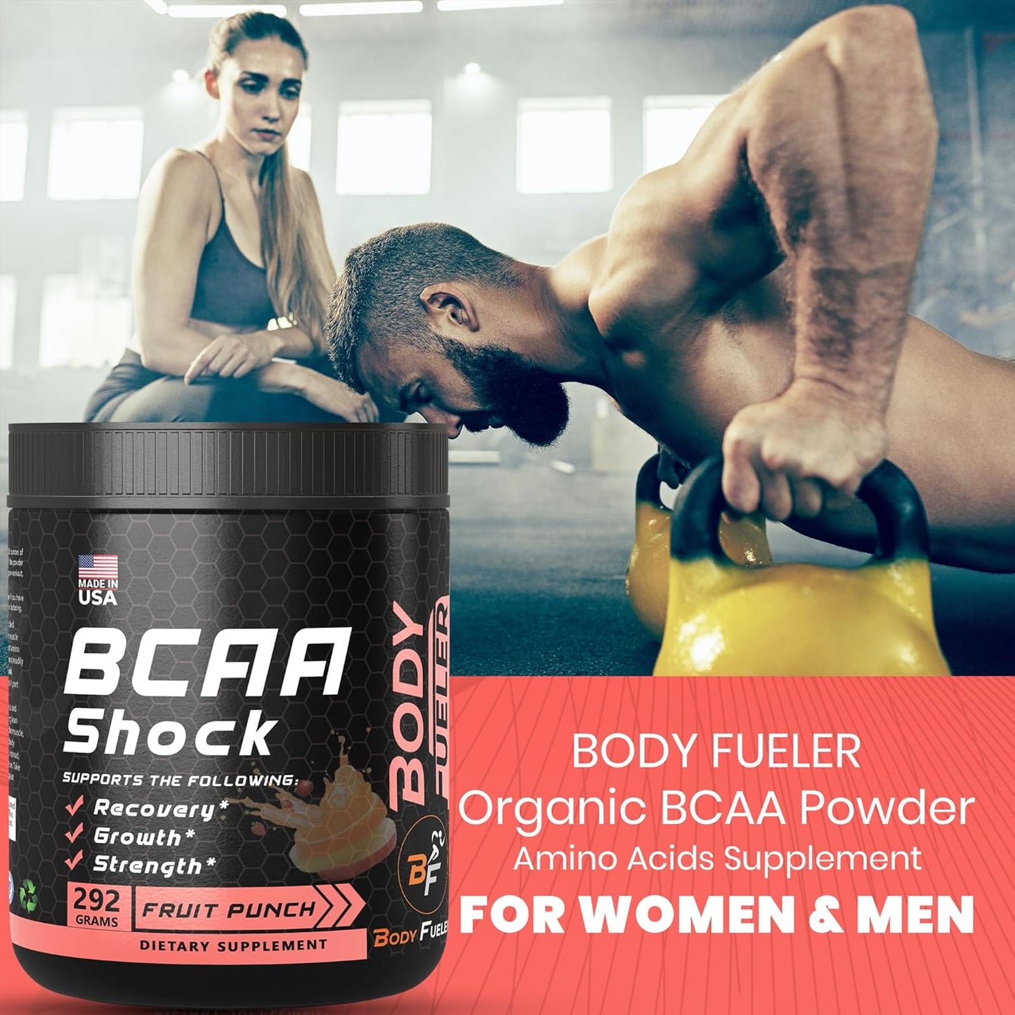 Fruit Punch Amino Acid Energy Powder with BCAA for Muscle Recovery & Growth, Intra & Post Workout Drink - 292g USA-Made