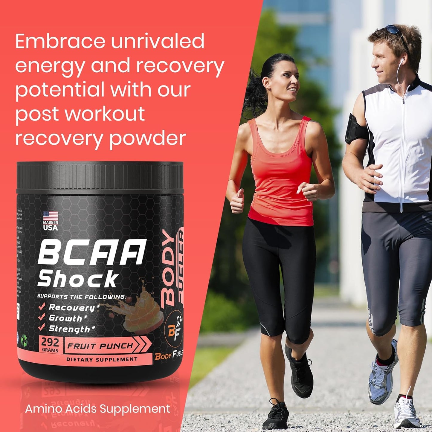 Fruit Punch Amino Acid Energy Powder with BCAA for Muscle Recovery & Growth, Intra & Post Workout Drink - 292g USA-Made