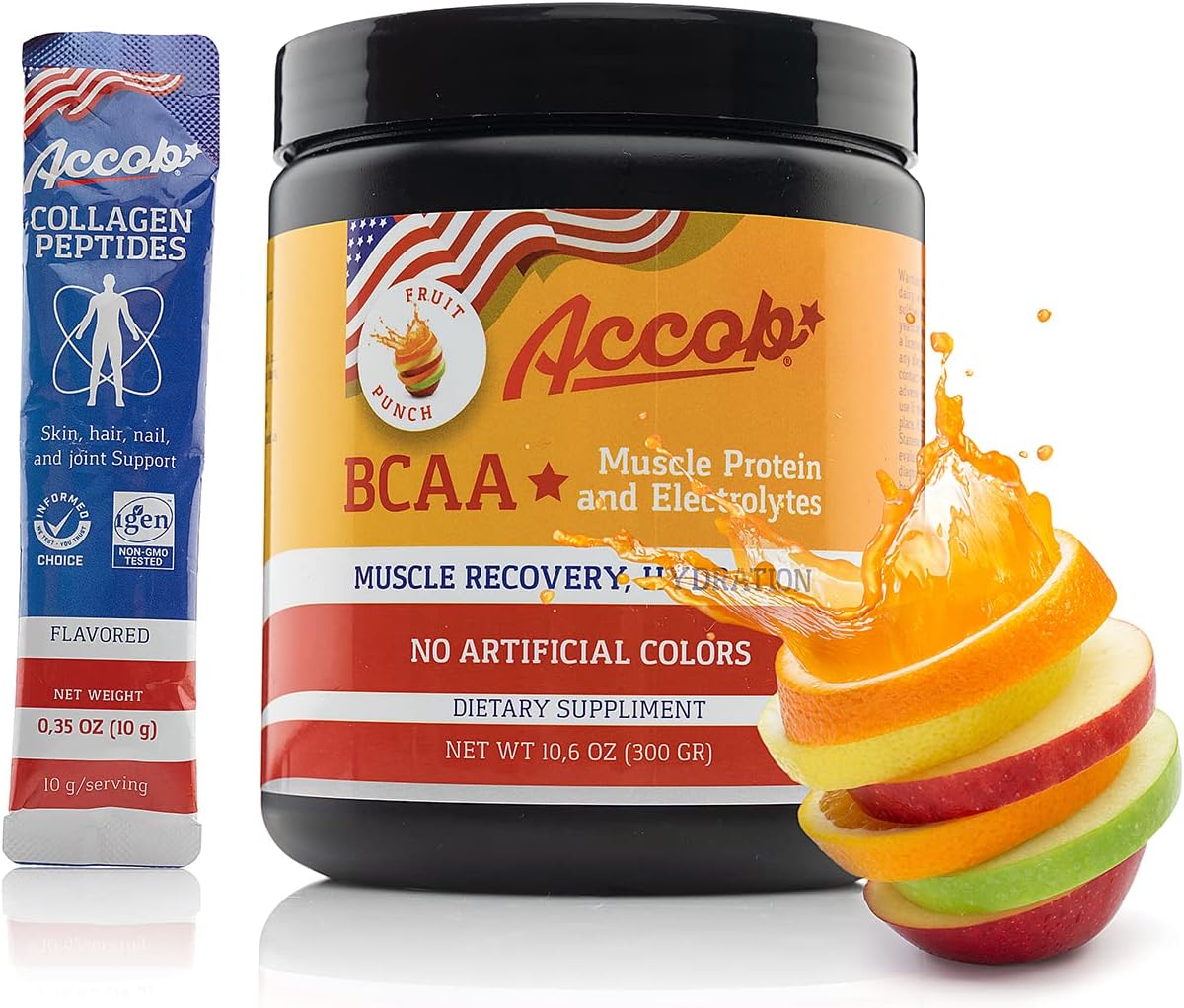 Fruit Punch BCAA Powder with Collagen Peptides for Muscle Recovery - Pre/Post Workout Drink with Electrolytes - 30 Servings